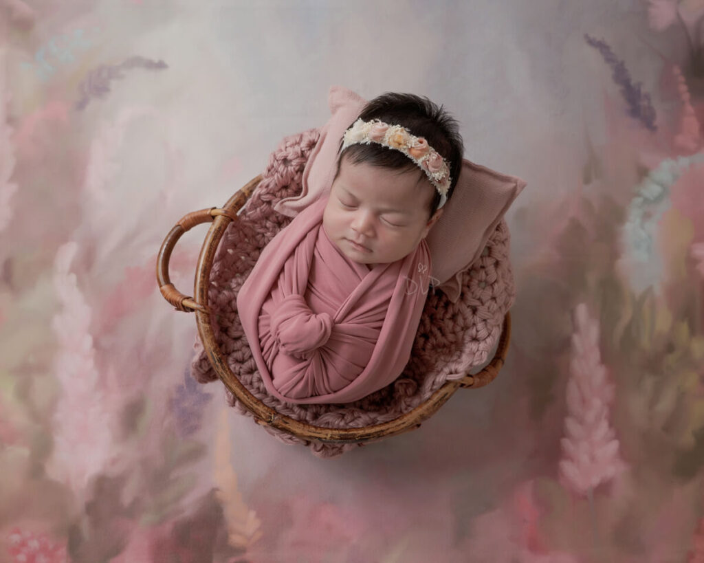 Petite wrapped session by Dazzling Light Photography features newborn baby girl wrapped in pink, laying in a basket on a floral background